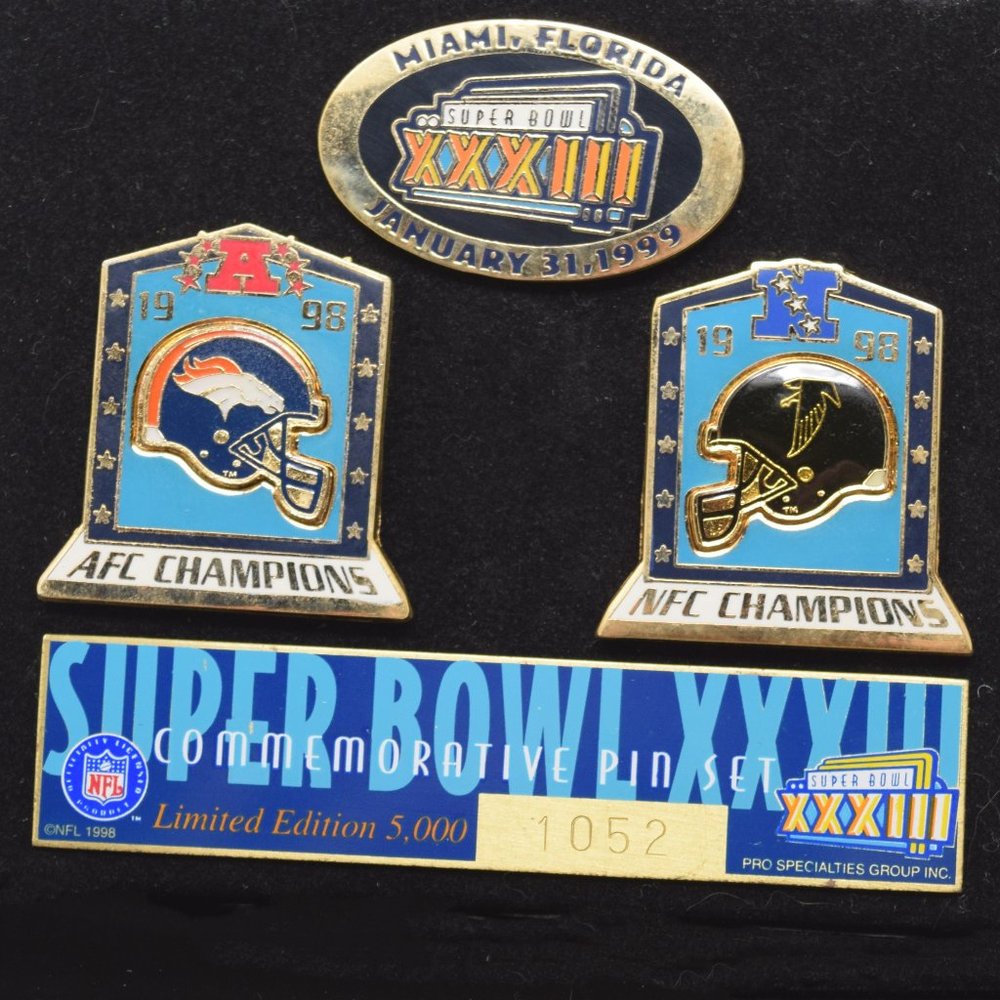 Super Bowl XXXIII Commemorative 4 Pin Set 1052 of 5000 Broncos Falcons NFC AFC